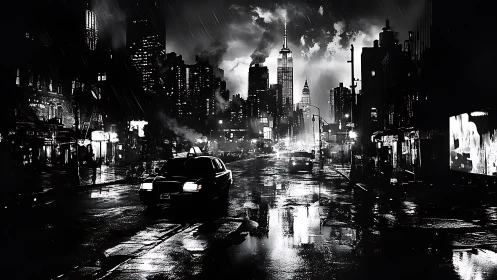 Rain soaked city street reflects distant skyscraper skyline