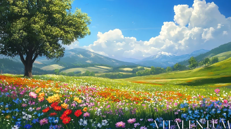 Sunlit wildflower symphony beneath drifting mountain clouds.