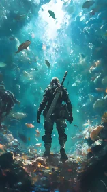 Lone diver warrior ascends through a luminous coral abyss