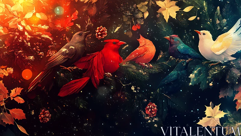 Vibrant Songbirds on Pine Branches in a Dreamy Autumn Scene.