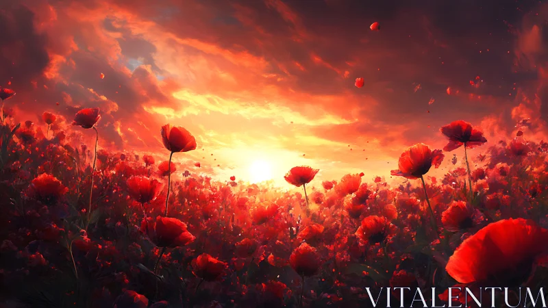 Sunset over dense red poppy field under dramatic clouds.