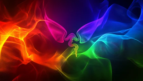 Vibrant neon waves converge around a glowing abstract emblem