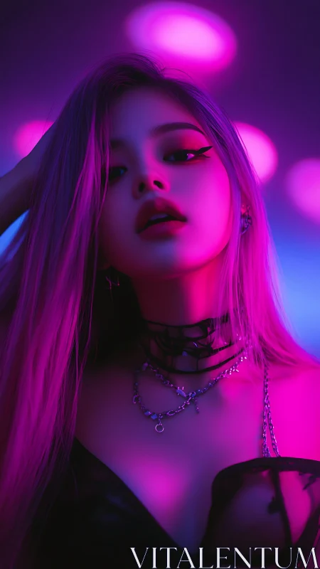 Portrait shows stylized female subject in magenta neon lighting
