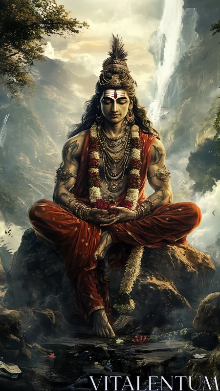 Mountain-quiet mystic yogi crowned in cascading waterfalls.