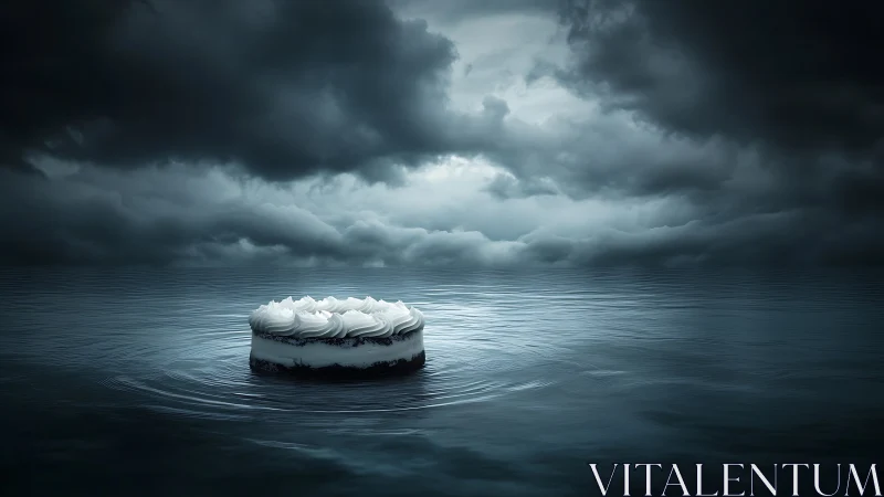 Layer cake floats on calm water beneath dense storm clouds