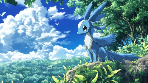 Blue foxlike creature surveys sunlit forest valley