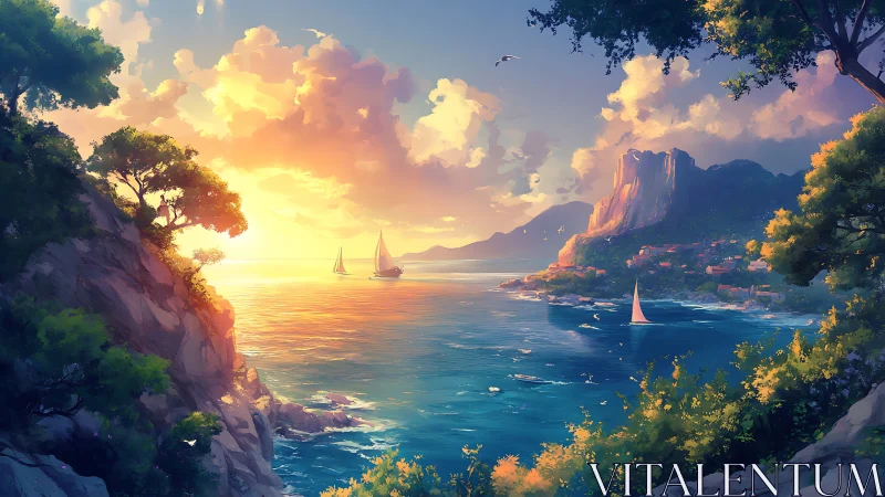 Luminous Cove: Where Sailboats Dream Beyond Golden Cliffs.