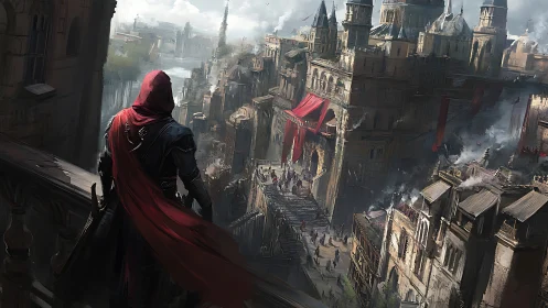 Hooded watchman surveys a war-torn medieval citadel below