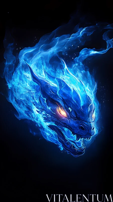 Luminescent blue fire dragon head on black background.