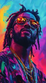 Neon-lit portrait isolates reflective sunglasses and saturated gradients