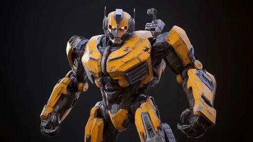 Yellow armored humanoid mech stands against dark backdrop