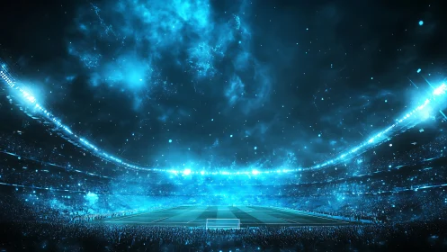 Futuristic football stadium under luminous cybernetic sky