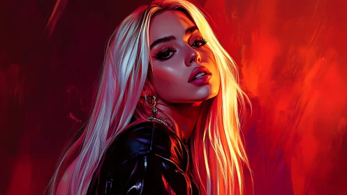 Blonde woman in leather jacket against vivid red backdrop.