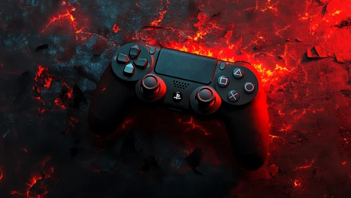 Cyberpunk Gaming Controller Against Molten Lava Backdrop.