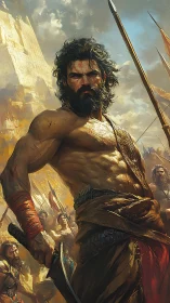 Sunlit warrior commander in high-saturation battle tableau.