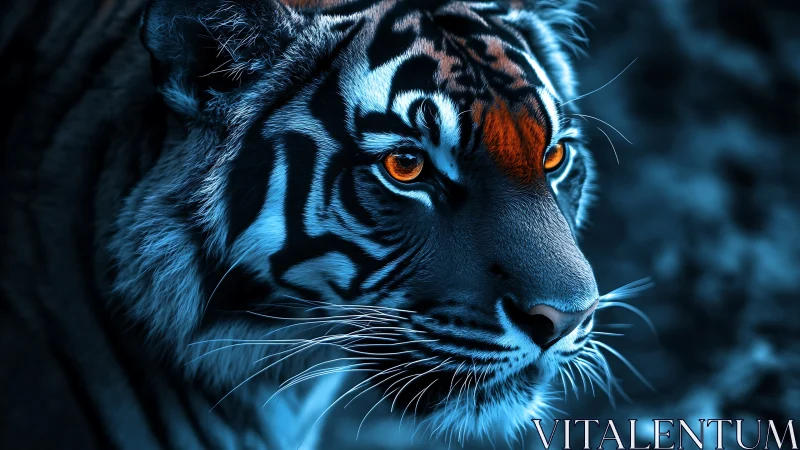 Tiger portrait shows high-contrast blue lighting and orange eyes