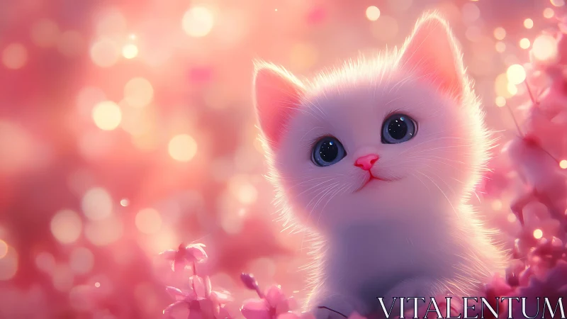 Luminous White Kitten in Dreamy Pink Garden Setting.