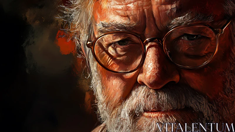 Timeworn gaze under ember light, carved in digital oils.