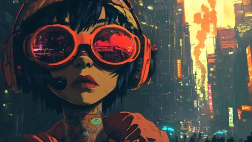 Subject in oversized red goggles stands in dense neon city