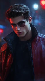 Neon-lit rebel in crimson leather stalks the midnight streets.