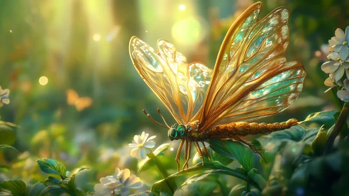 Iridescent butterfly perched on flowers in soft forest light.