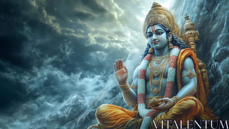 Digital rendering depicts seated deity against stormy sky