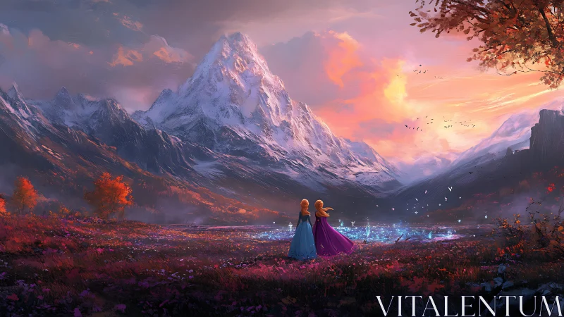 Sisters in bright gowns greet a spellbound twilight valley