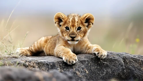 Lion cub resting alertly on rocky ledge in soft daylight.