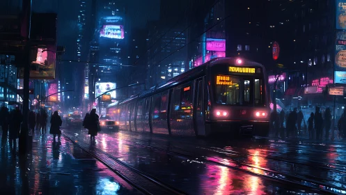 Neon tram gliding through rainy cyberpunk city nightscape.