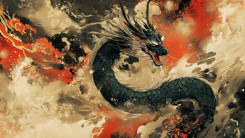Mythic serpentine dragon surges through abstract firestorm clouds