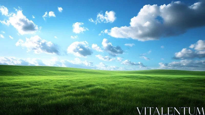 Sunlit green meadow rolling beneath wide open skies.