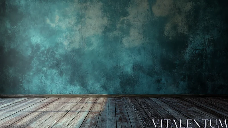 Teal textured wall with rustic wooden floor in empty room.