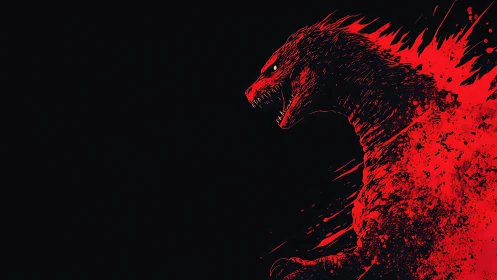 Fiery red kaiju silhouette roaring against deep night sky.
