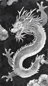 Coiled silver dragon surging through stylized storm clouds.