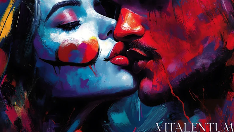 Electric kiss unites clown-painted lovers in vivid color storm