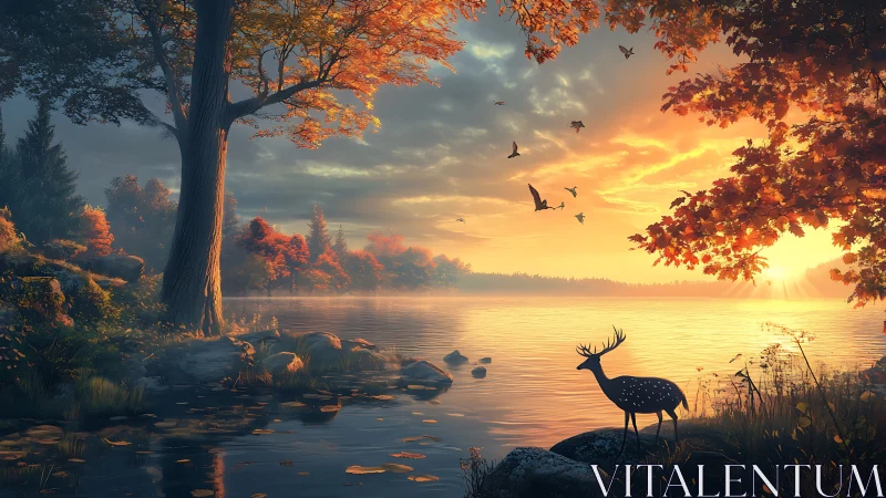 Autumn lake sunrise with silhouetted deer and flying birds.