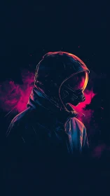 Neon drifter in a gas mask halo, glowing against void.