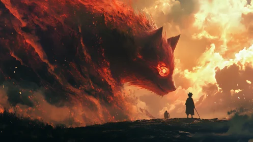 Colossal fiery fox spirit confronting lone cloaked warrior at dusk