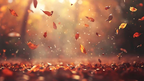 Dry autumn leaves drift through warm backlit forest air
