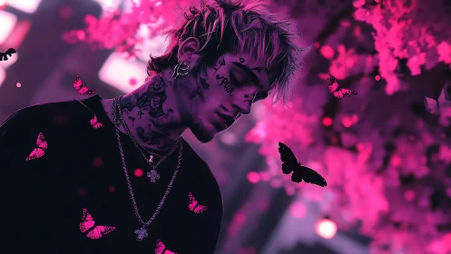 Tattooed youth stands under neon pink blossoms with butterflies