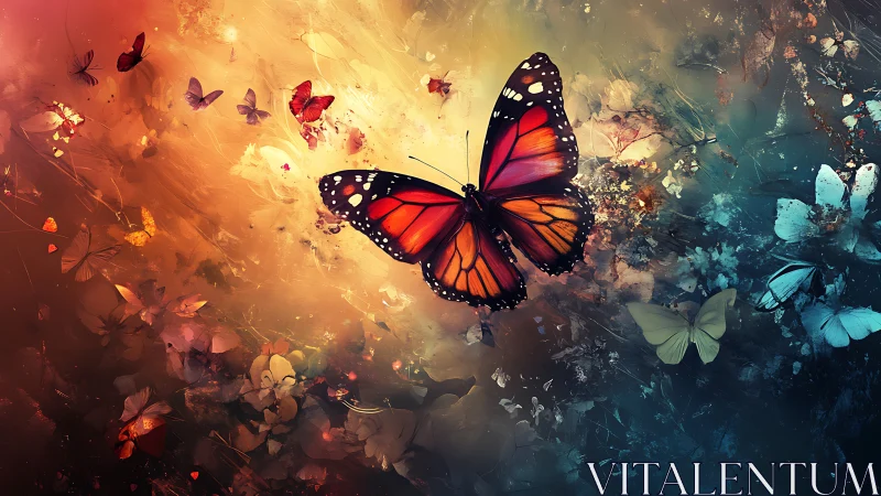 Monarch butterfly in vivid abstract floral color field.