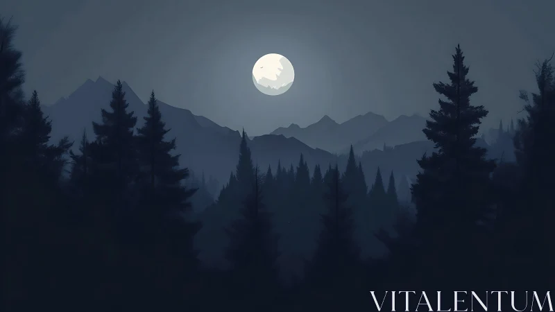 Moonlit mountain landscape with coniferous forest