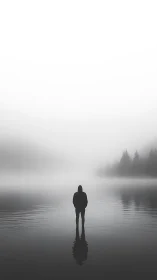 Isolated hooded figure in fog-laden lacustrine environment.