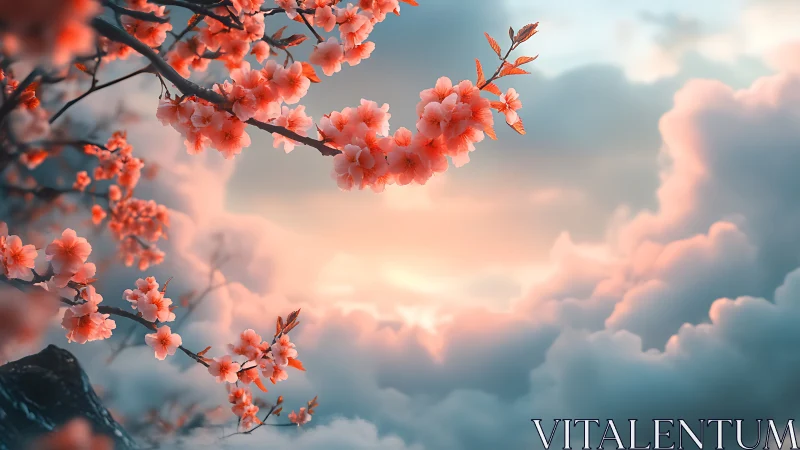Cherry blossoms over luminous pastel cloud horizon.