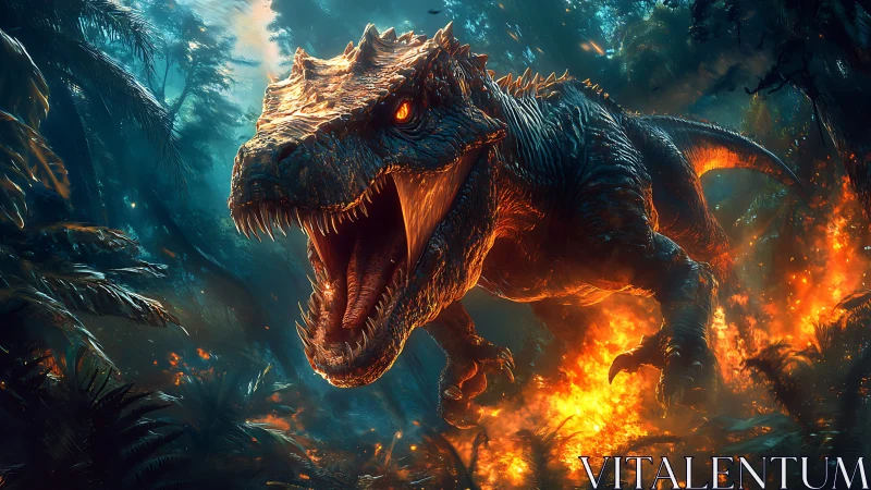 Bioluminescent tyrannosaur charging through incendiary jungle