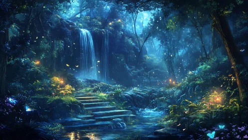 Bioluminescent Forest Cascade: Luminous Woodland Sanctuary.