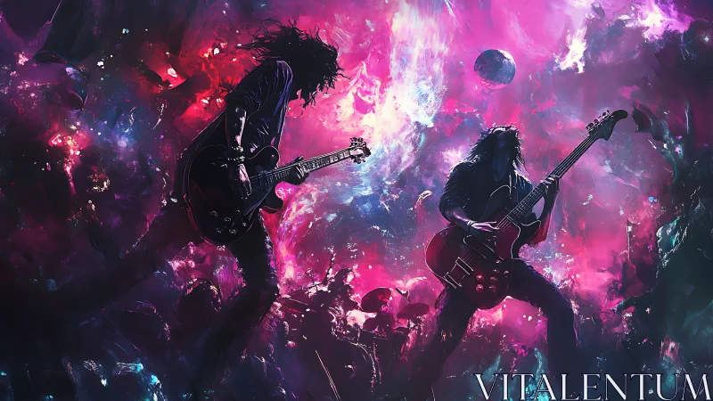 Cosmic rock guitarists ignite neon storm stagescape.
