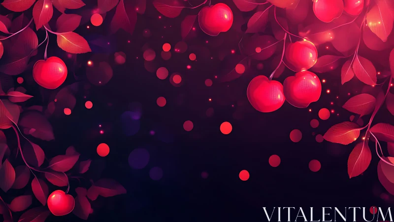 Crimson cherries glow over deep violet bokeh field.