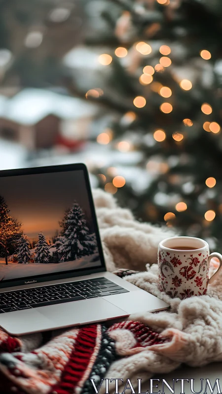 Photorealistic winter workspace with bokeh-lit tree focus.