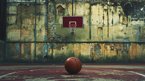 Outdoor basketball court with worn wall and lone ball.